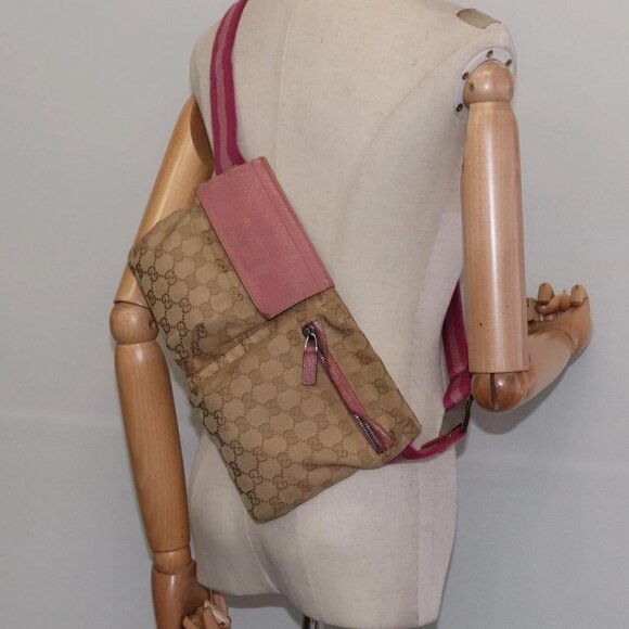 GUCCI GG Canvas Sherry Line Waist Bag Beige Pink Silver 28566 Auth 144532 - Picture 1 of 16